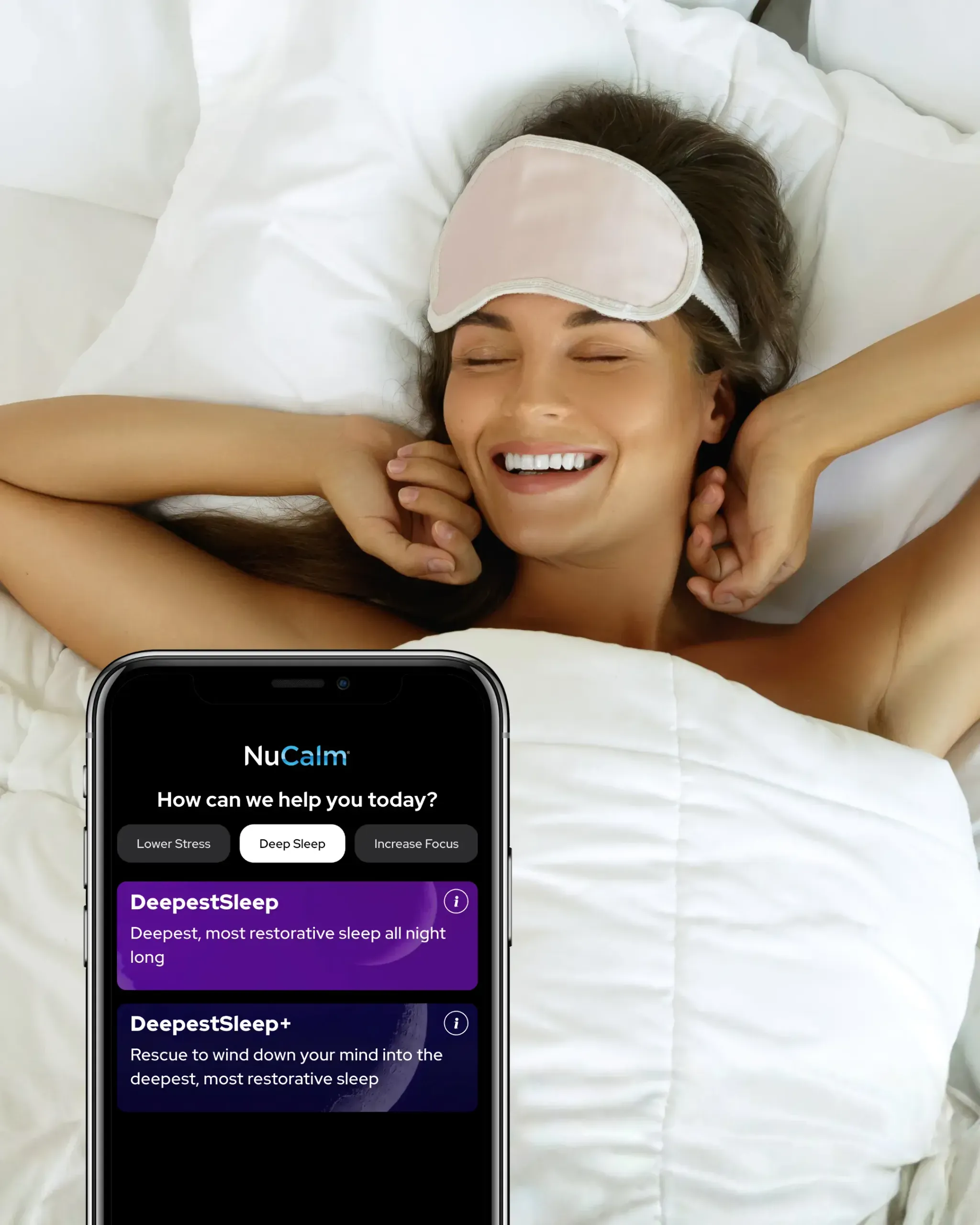 Woman using NuCalm app for relaxation and sleep